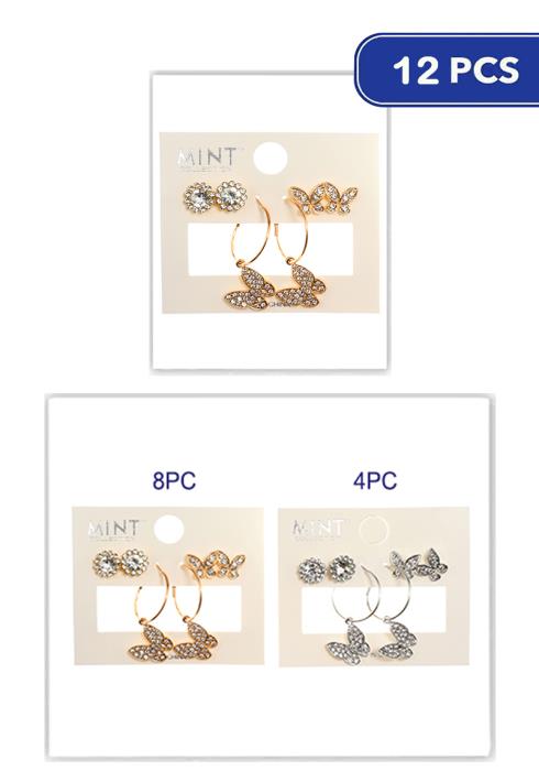 Rhinestone Butterfly Crystal 3 Pair Earring Set   (Dozen per Pack)