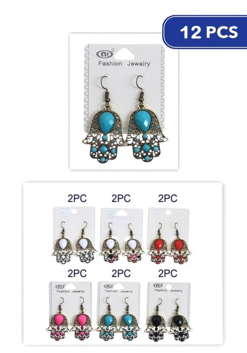 Fashion Hamsa Hand Color Tear Crystal Hook Earring   (Dozen per Pack)