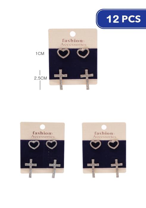 Metal Rhinestone Heart Cross 2 Pair Earring Set   (Dozen per Pack)
