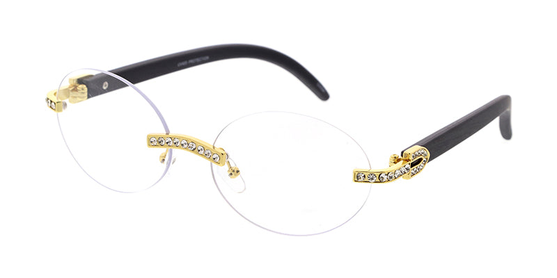 Unisex Metal Small Rimless Oval Rhinestone Frame w/ Woodgrain Print Temples and Clear Lens