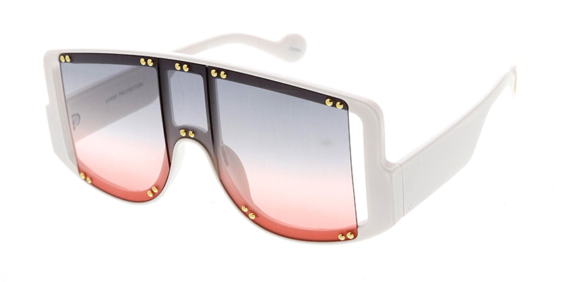 Women's Plastic Large Rectangular Studded Shield Frame w/ Dropped Temple and Two Tone Lens