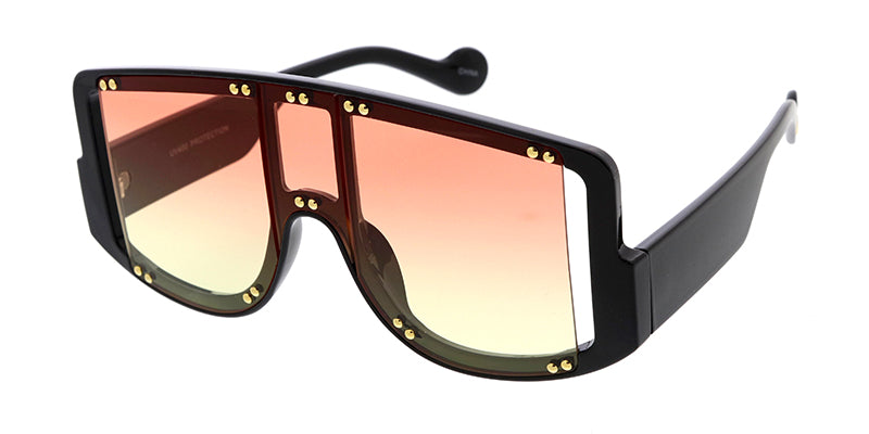 Women's Plastic Large Rectangular Studded Shield Frame w/ Dropped Temple and Two Tone Lens