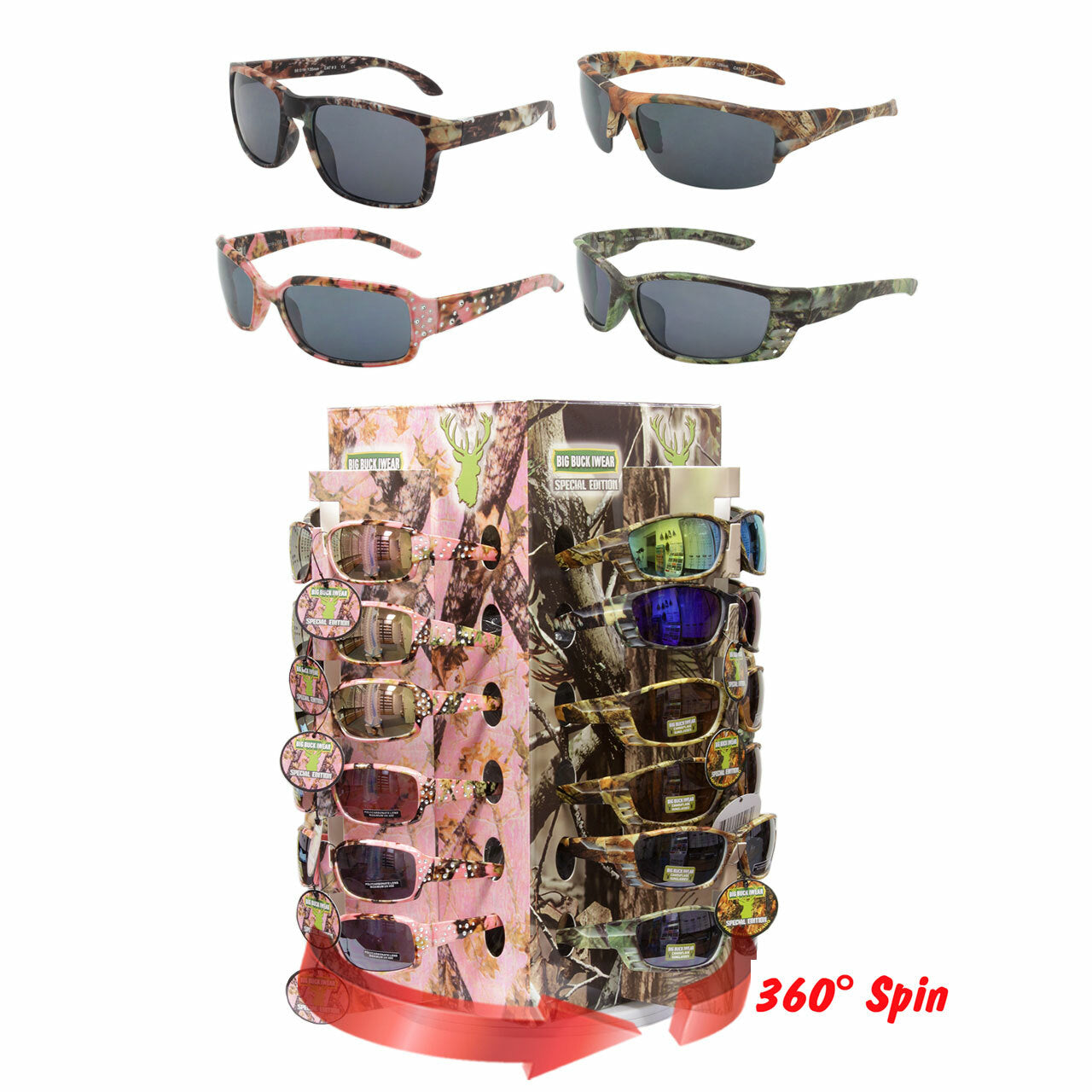 Assorted Color Camo Pattern Polycarbonate Sunglasses Cardboard 4 Panel Counter Display 36 Pieces  (Pack of Dozen)