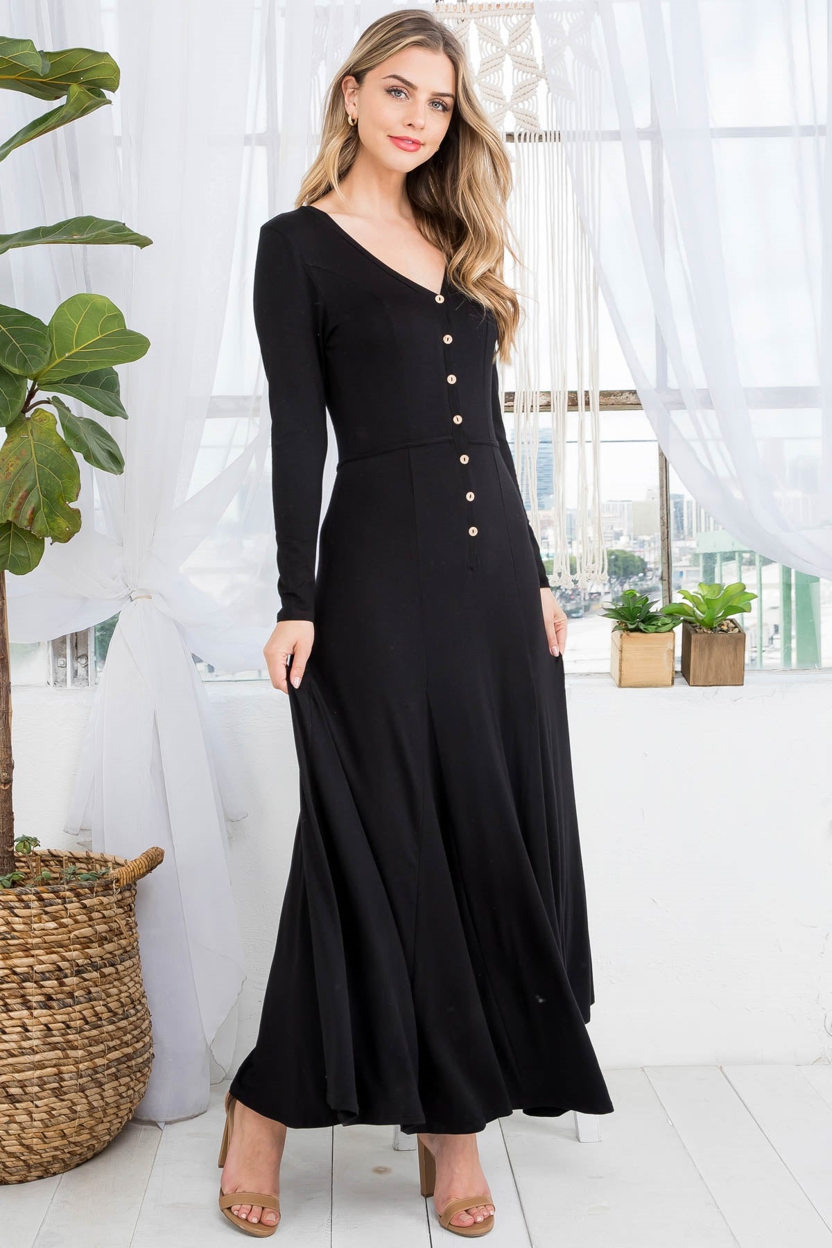 Black V-Neck Button Down Long Sleeve Flared Dress (Pack of 6 PCS)
