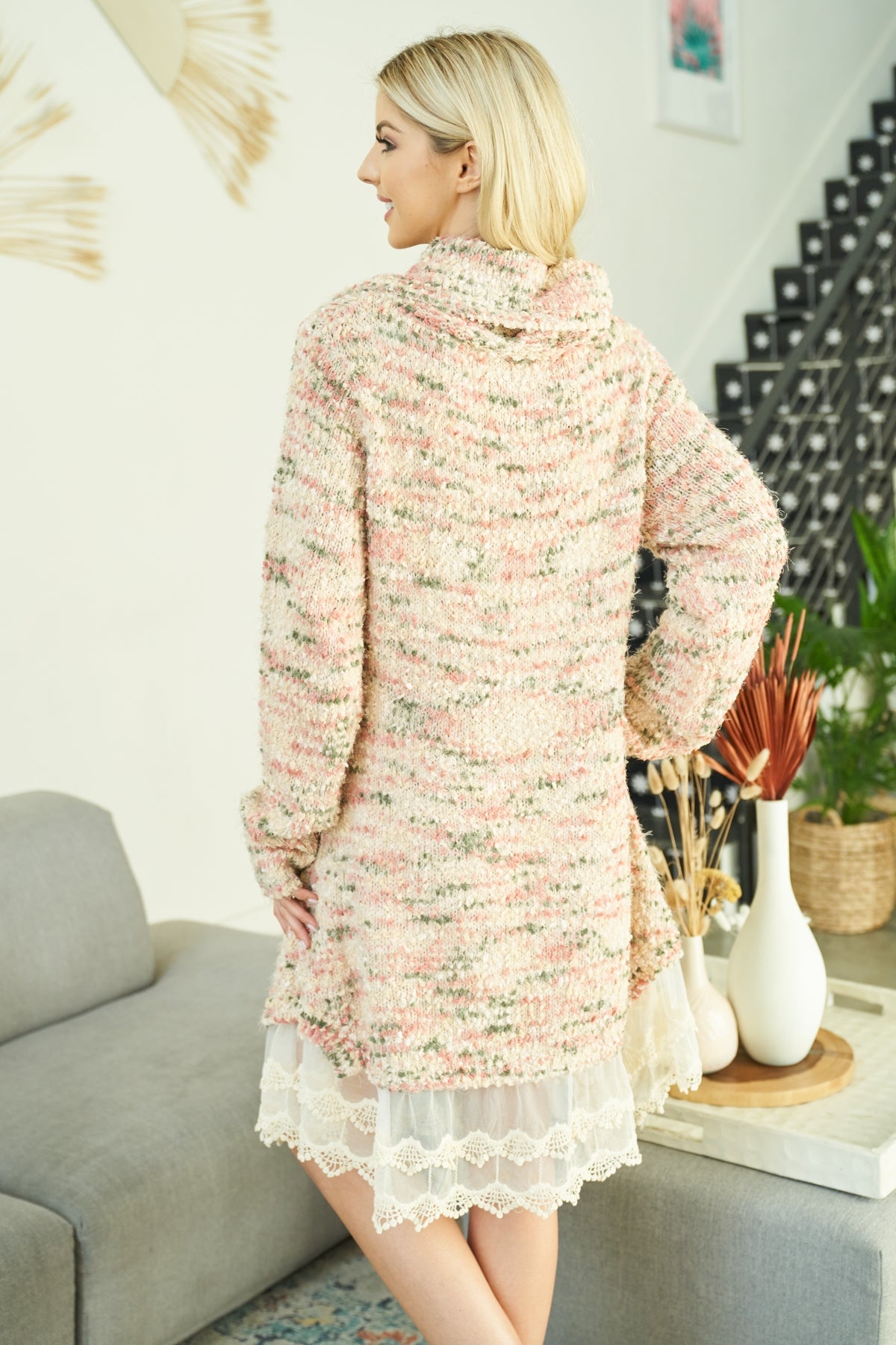 Pink Cowl Neck Lace Bottom Detail Knitted Long Sleeve Dress / 3Pcs (Pack of 3 PCS)