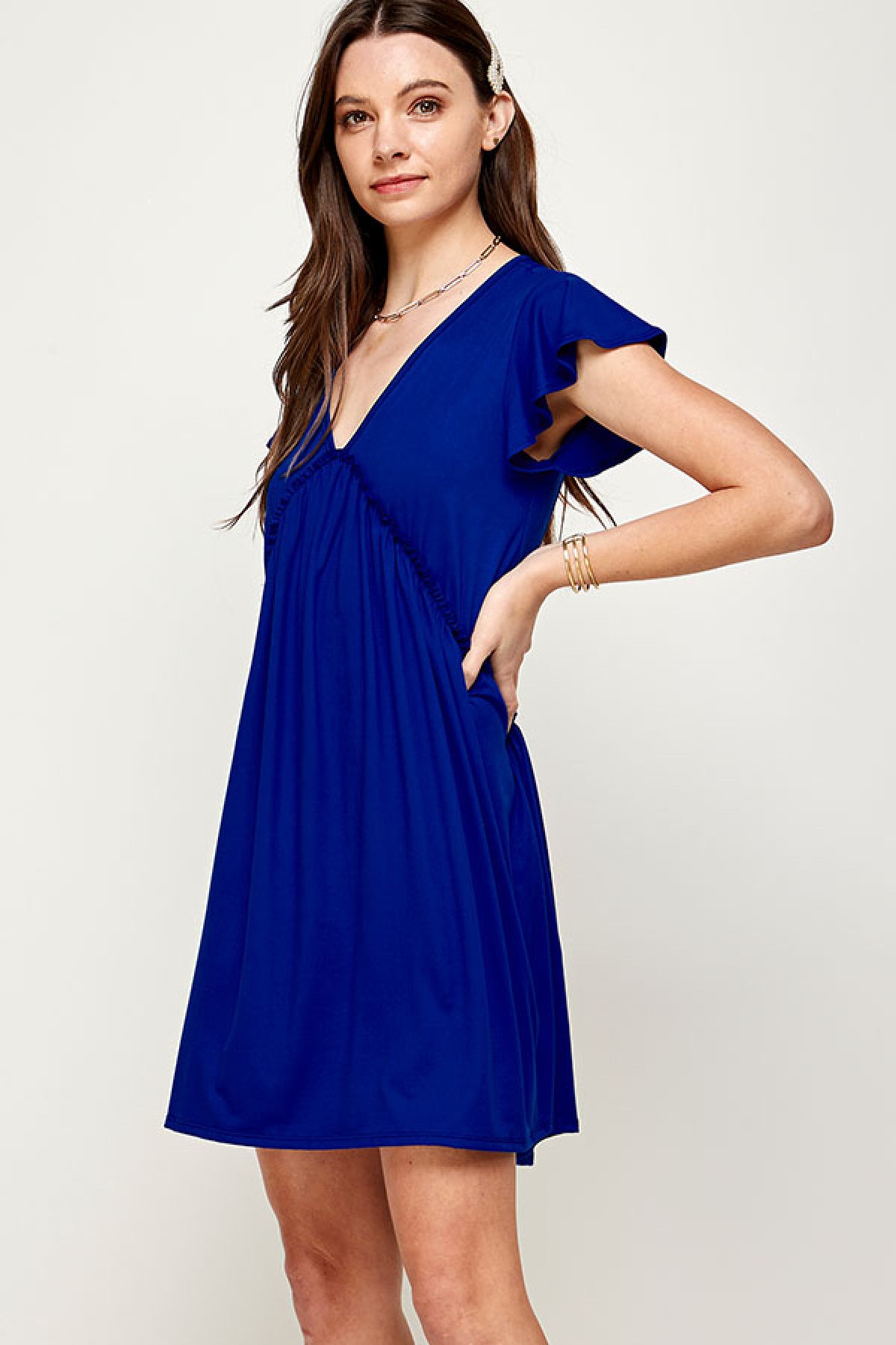 Royal Blue Deep V-Neck Ruffle Short Sleeve Dress (Pack of 6 PCS)