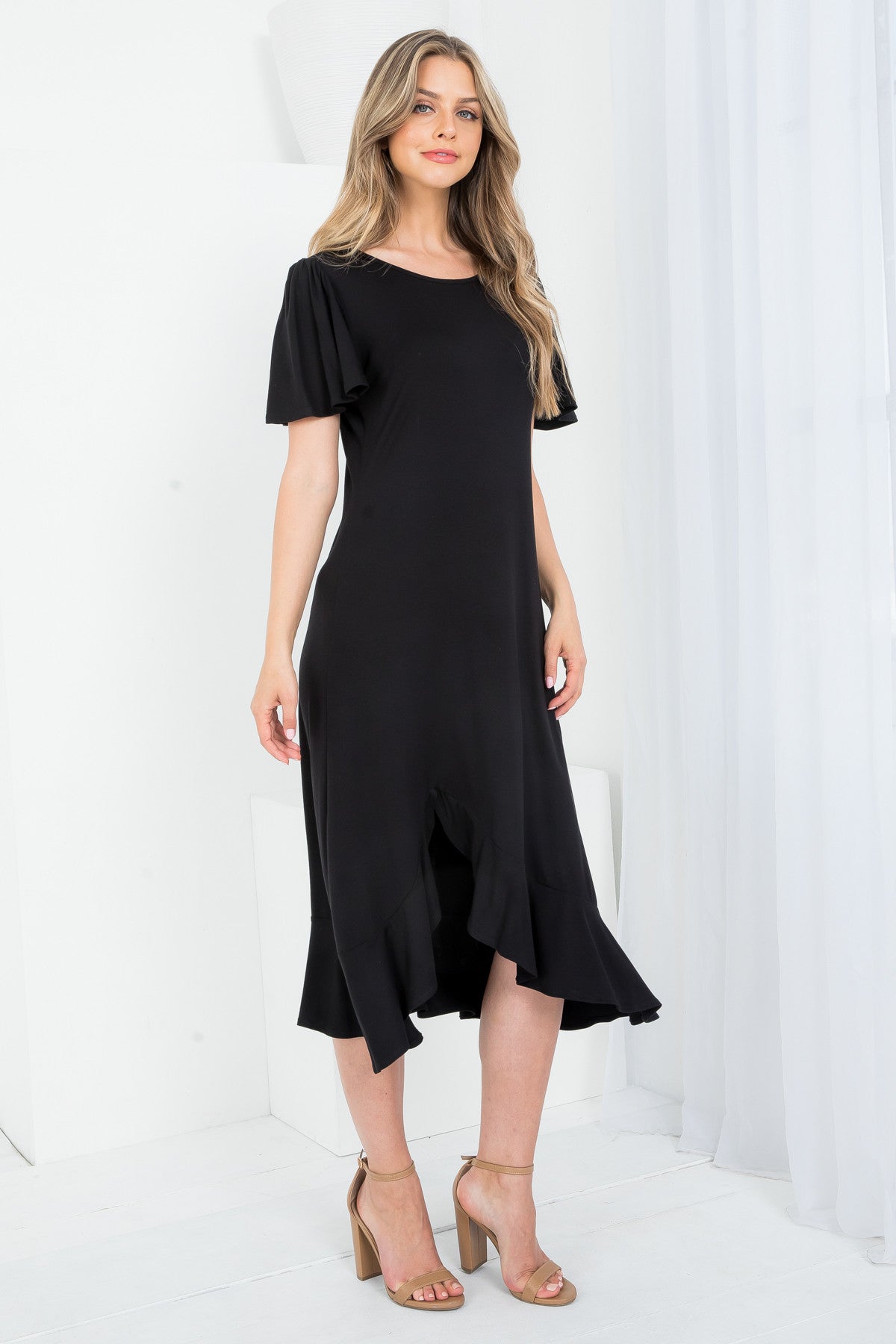 Black Round Neckline Ruffle Sleeve Asymetric Dress (Pack of 6 PCS)
