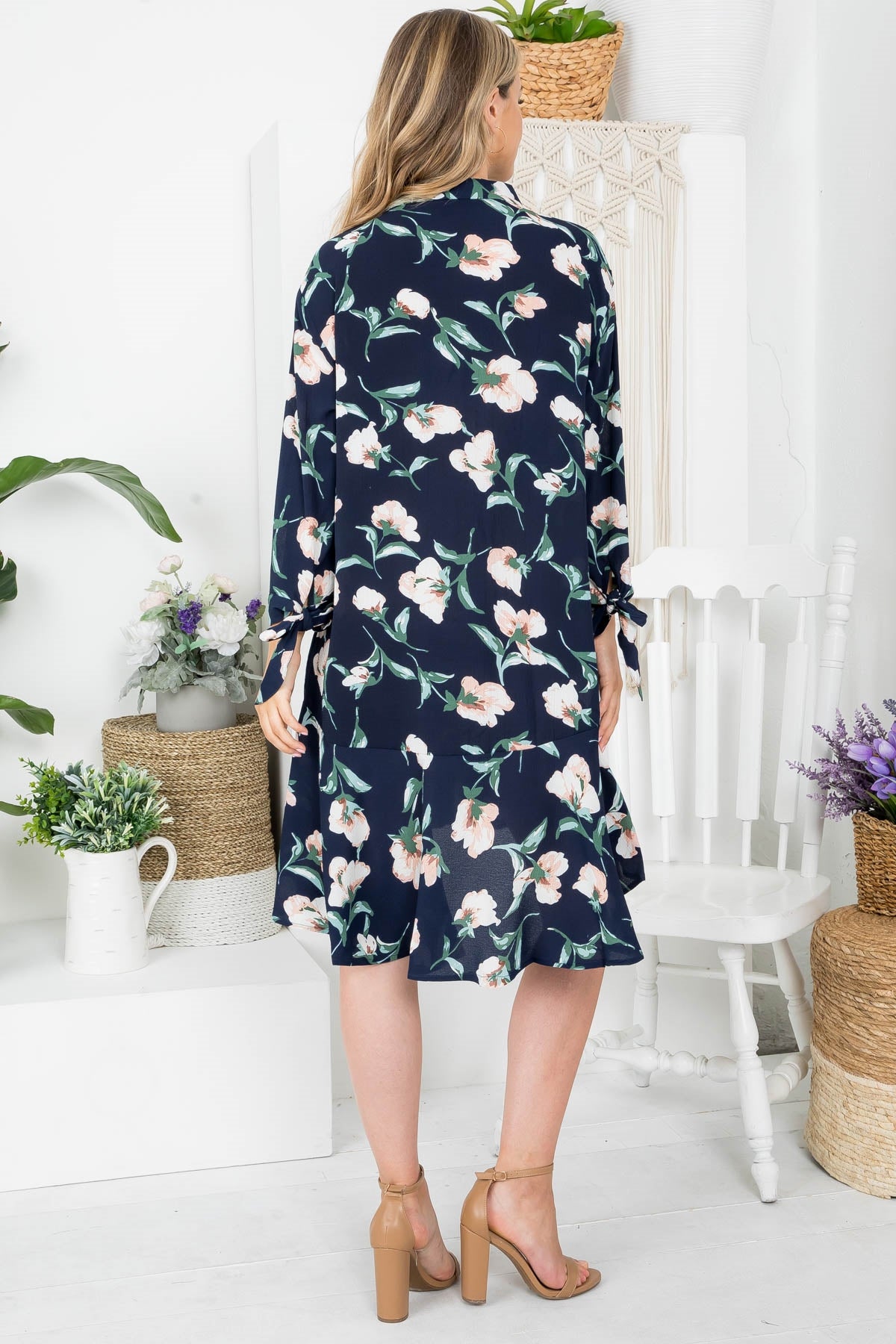 Navy Bubble Crepe Floral Tee Sleeve Button Down Ruffle Hem Dress (Pack of 6 PCS)