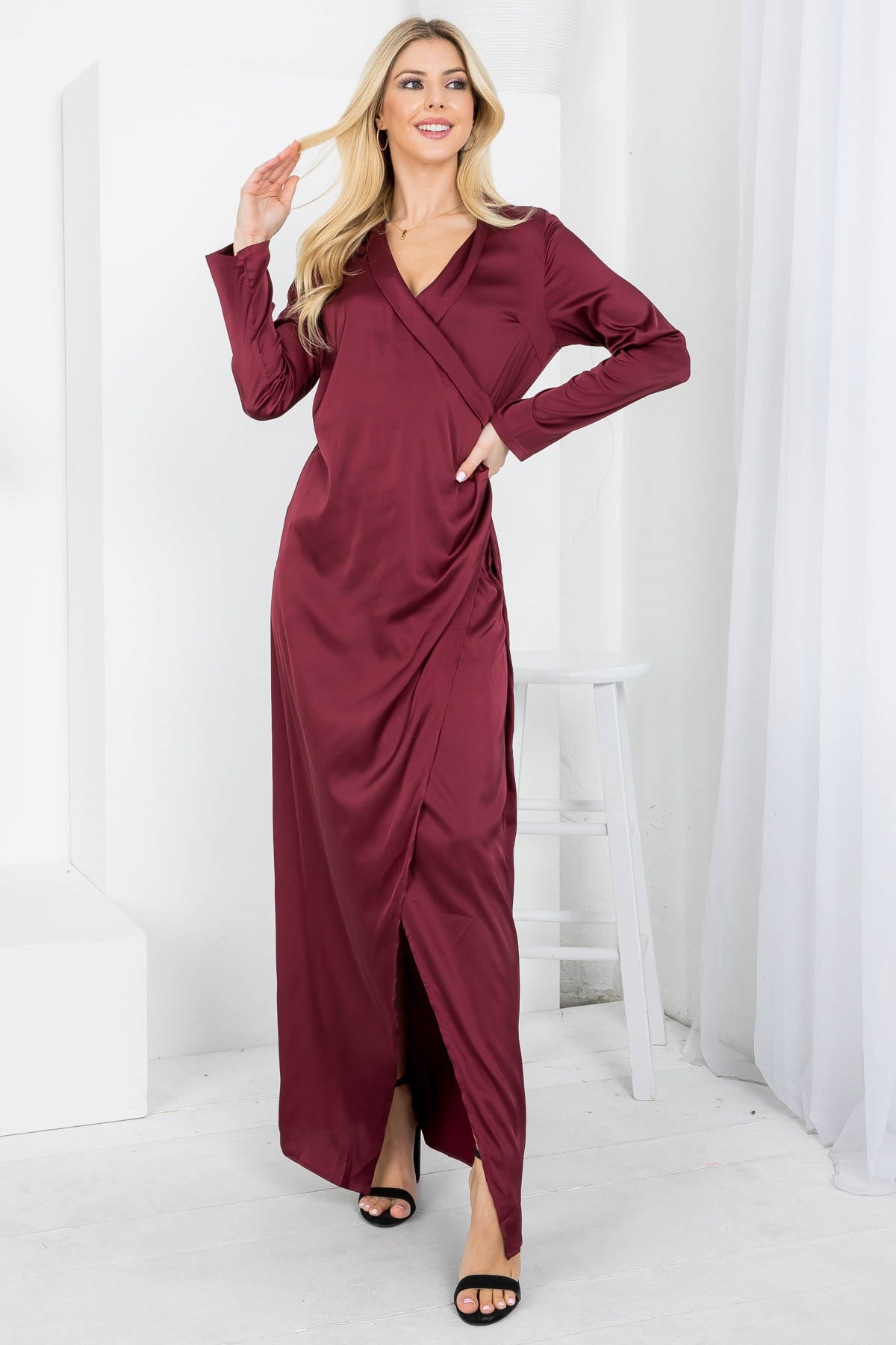 Burgundy Surplice V-Neckline Long Sleeve Silk Dress (Pack of 6 PCS)
