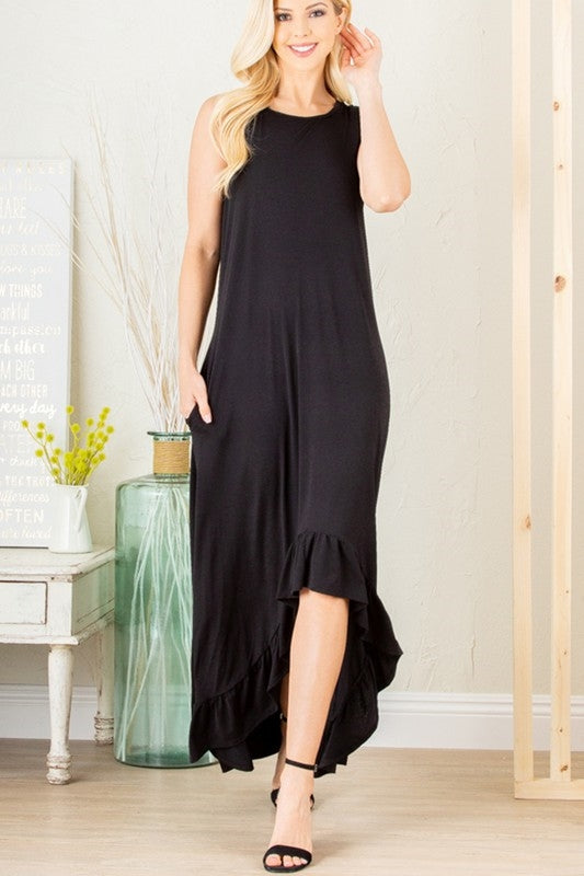 Black Round Neckline With Side Pocket Long Ruffle Hem Asymetric Dress (Pack of 6 PCS)