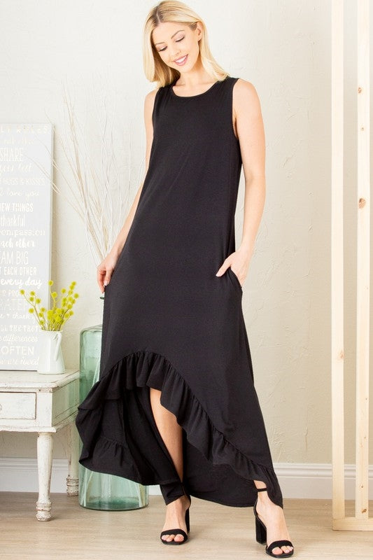 Black Round Neckline With Side Pocket Long Ruffle Hem Asymetric Dress (Pack of 6 PCS)