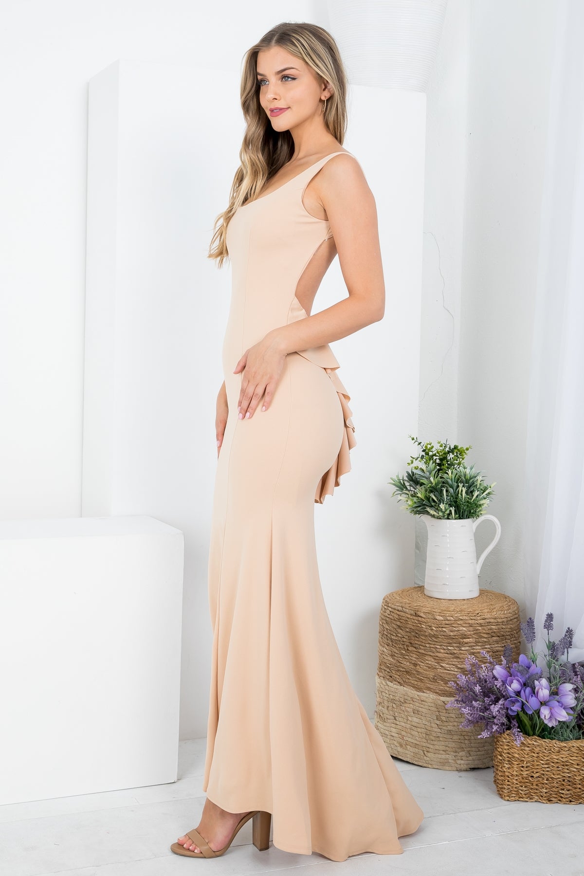 Nude Square Neckline With Ruffle Drape Back Detail Long Dress (Pack of 6 PCS)
