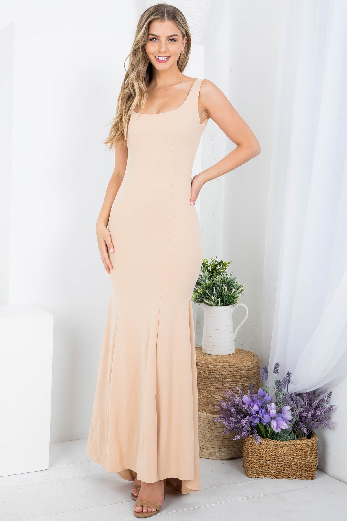 Nude Square Neckline With Ruffle Drape Back Detail Long Dress (Pack of 6 PCS)