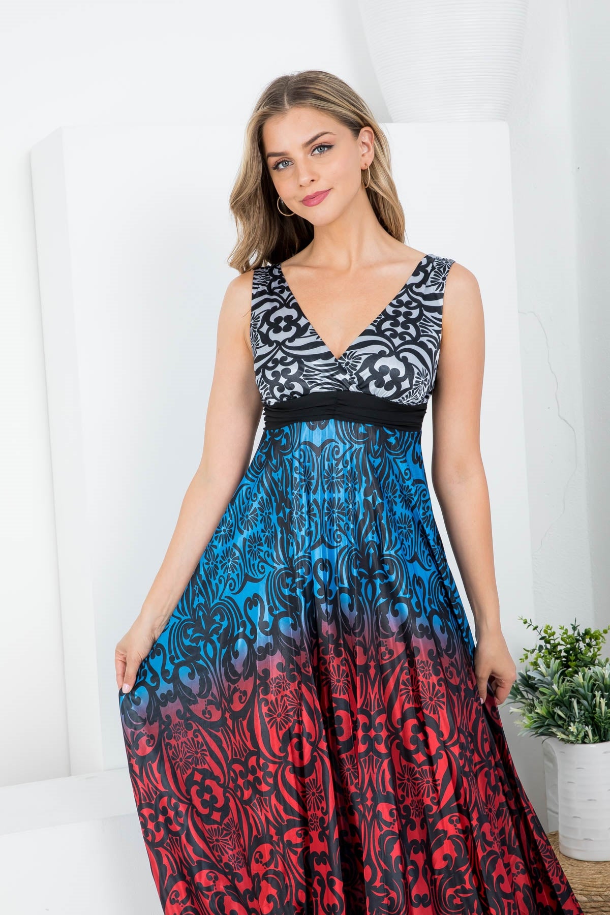 Black Gray Blue Red Jacquard Print V-Neckline Sleeveless Ruffle Long Dress (Pack of 6 PCS)