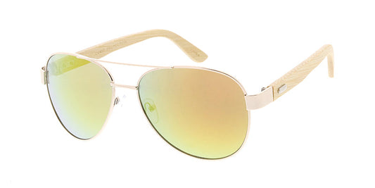 Unisex Metal Standard Aviator Frame w/ Bamboo Temples and Color Mirror Lens (Pack of Dozen)