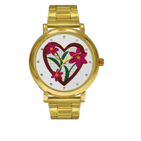 Gold Metal Band Watch with Gold Case and Heart/Flower Dial