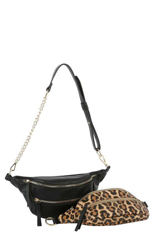 2IN1 SMOOTH PLAIN COLOR ZIPPER CROSSBODY BAG WITH ANIMAL PRINT SET