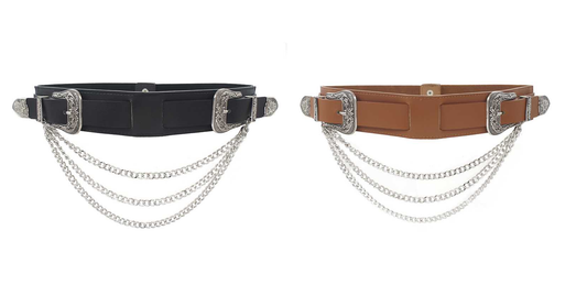 Western Style Double Buckle Chain Drape Elastic Belt
