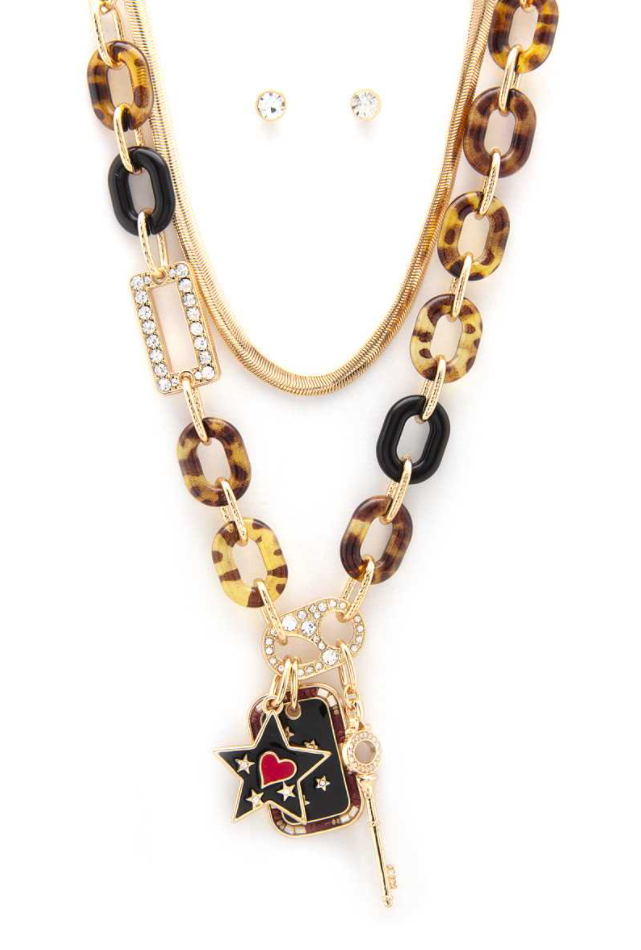 Star Pendant Acetate Oval Link Layered Necklace
